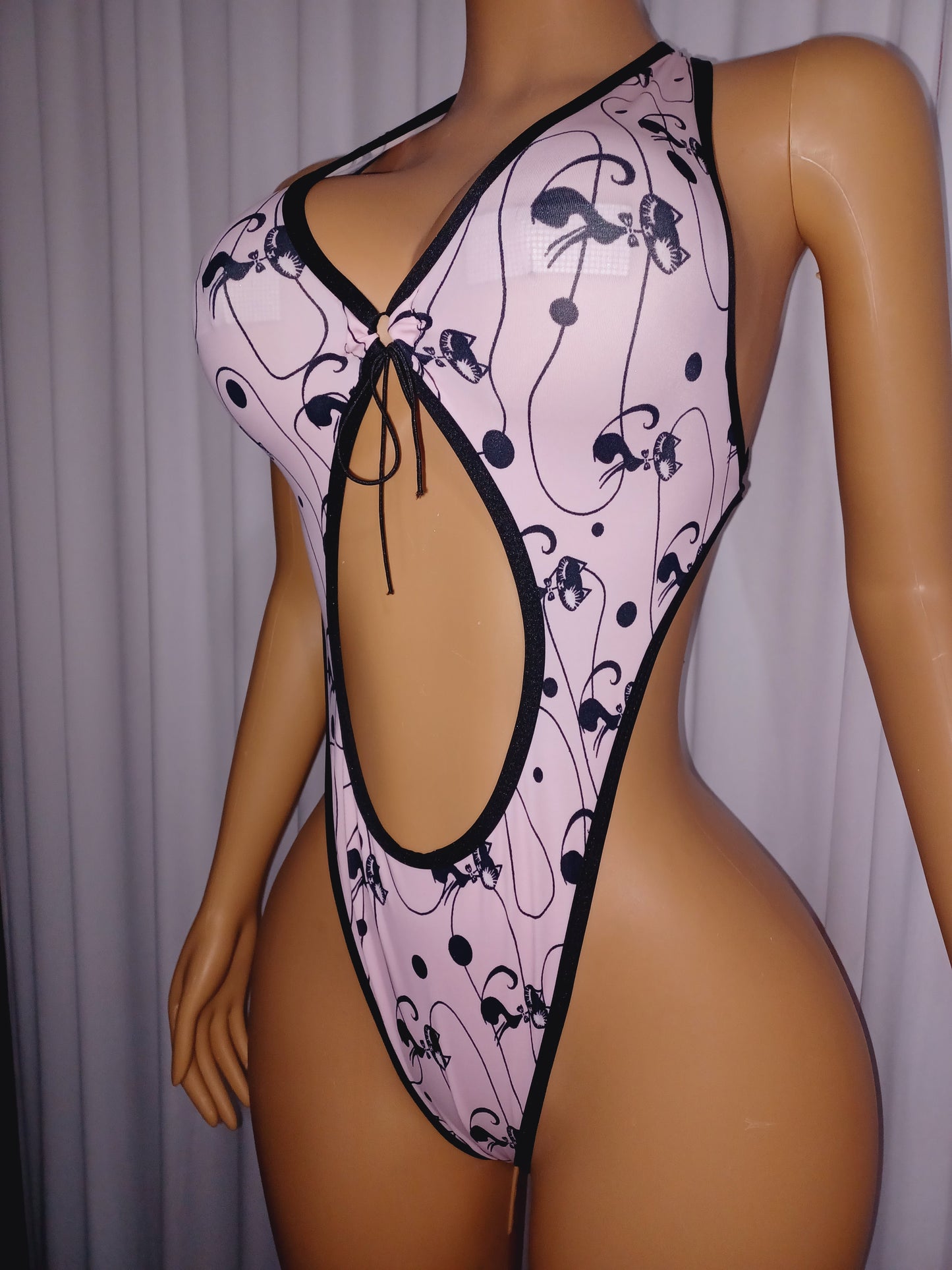 Kitty Print Cutout Bodysuit