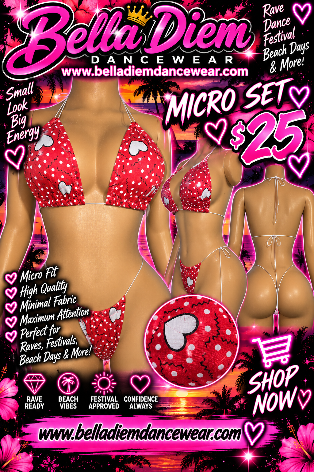 RED Heart Print 2-Piece Micro Set