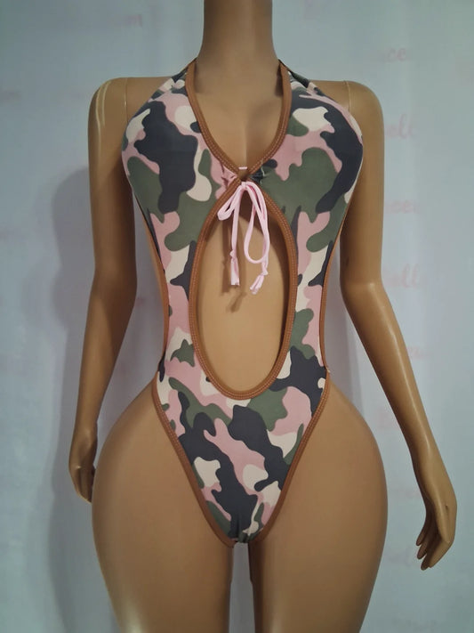 Pink Camouflage Cutout Bodysuit