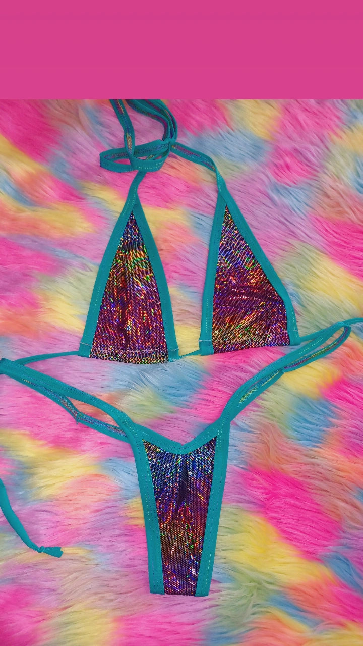 Holographic Thong set Teal trim