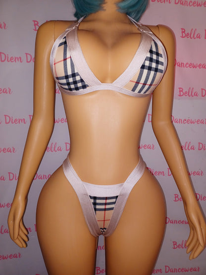 Plaid Print Thick Band Thong Set