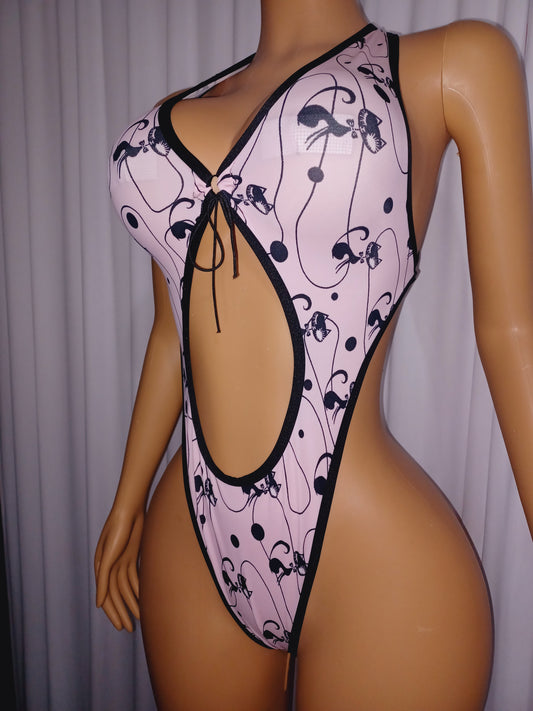 Kitty Print Cutout Bodysuit