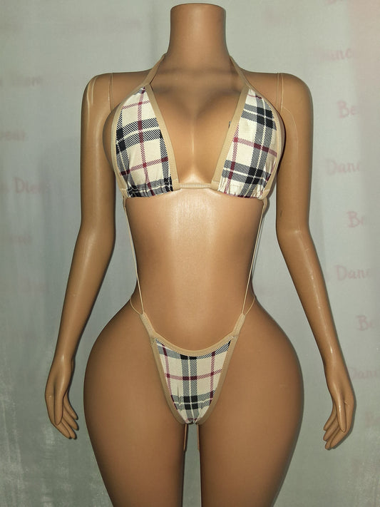 Tan Plaid Print Thong Set