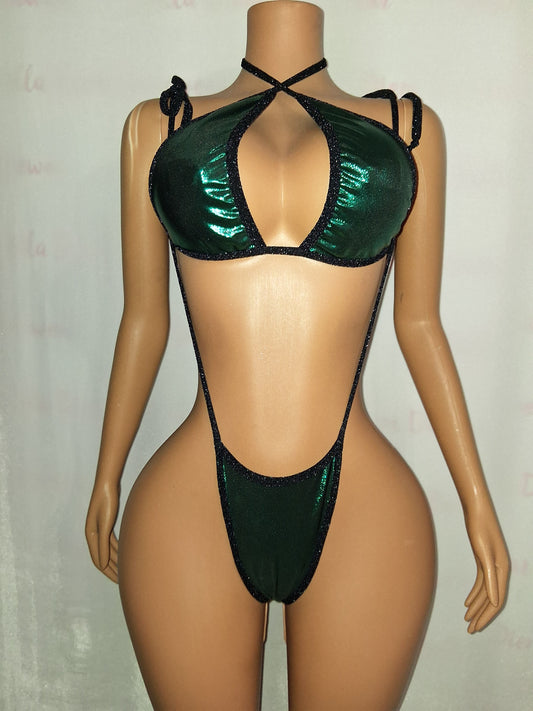 Green metallic Thong set with sparkle trim