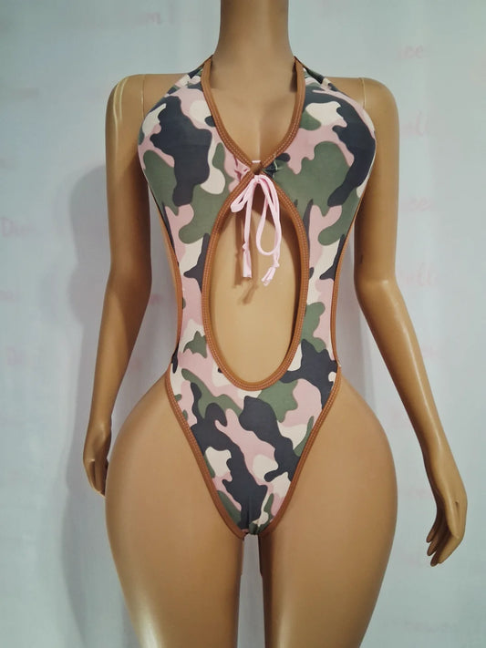 Pink Camouflage Cutout Bodysuit